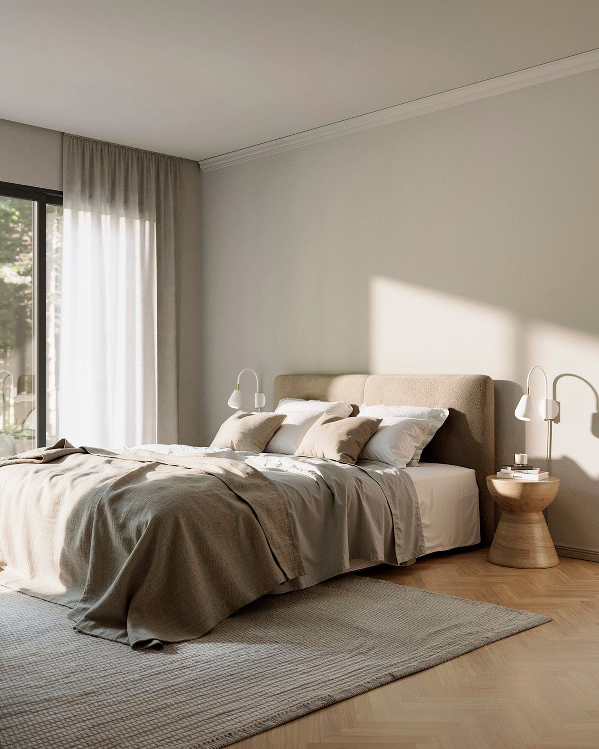 Anoli Spot Wall lamps in white in a modern bedroom with a bed, pillows, side tables, and large windows with soft curtains.