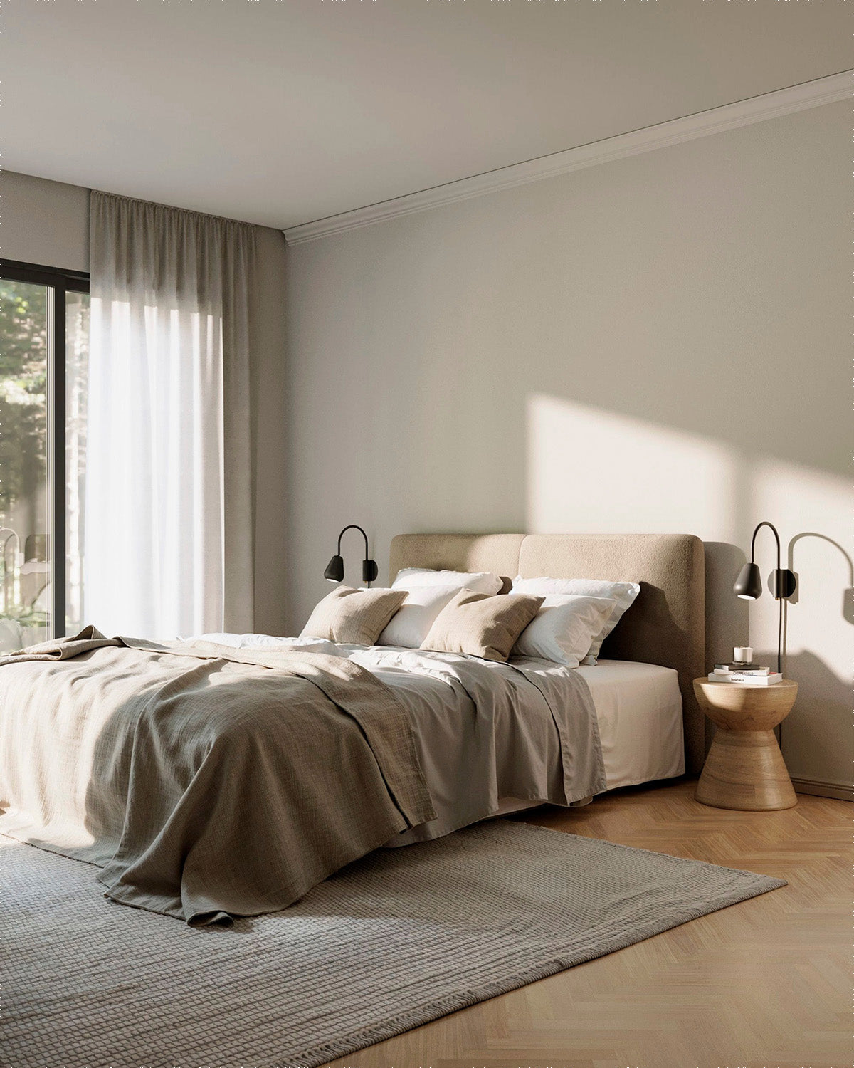 Anoli Spot Wall bedside lamps in a modern bedroom with a bed, side tables, and large windows.