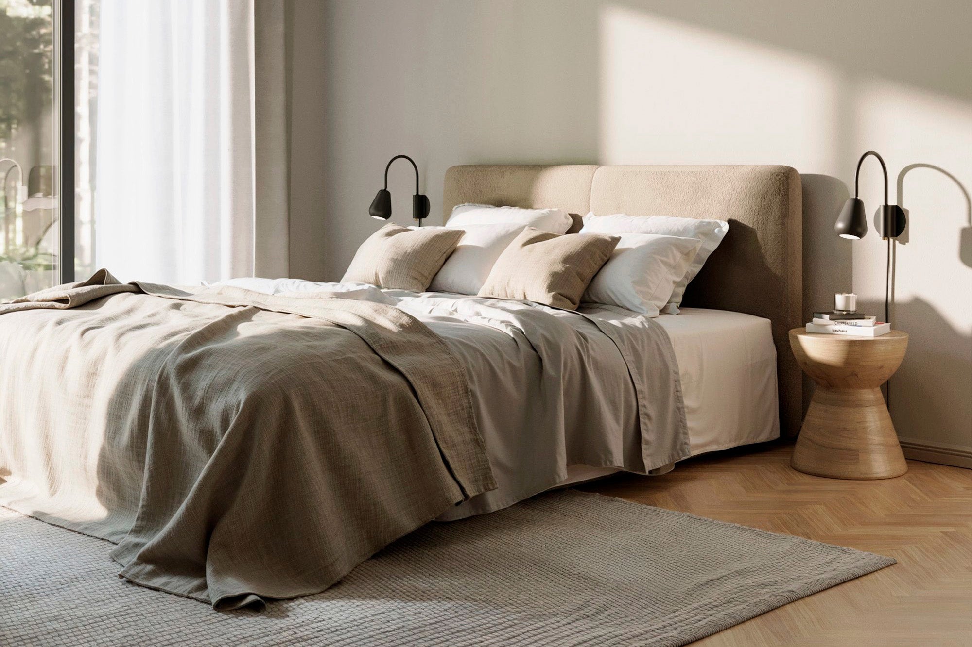 Anoli Spot Wall in black in a bedroom setting with hotel vibes. Soft, calm and organic bedroom styling.